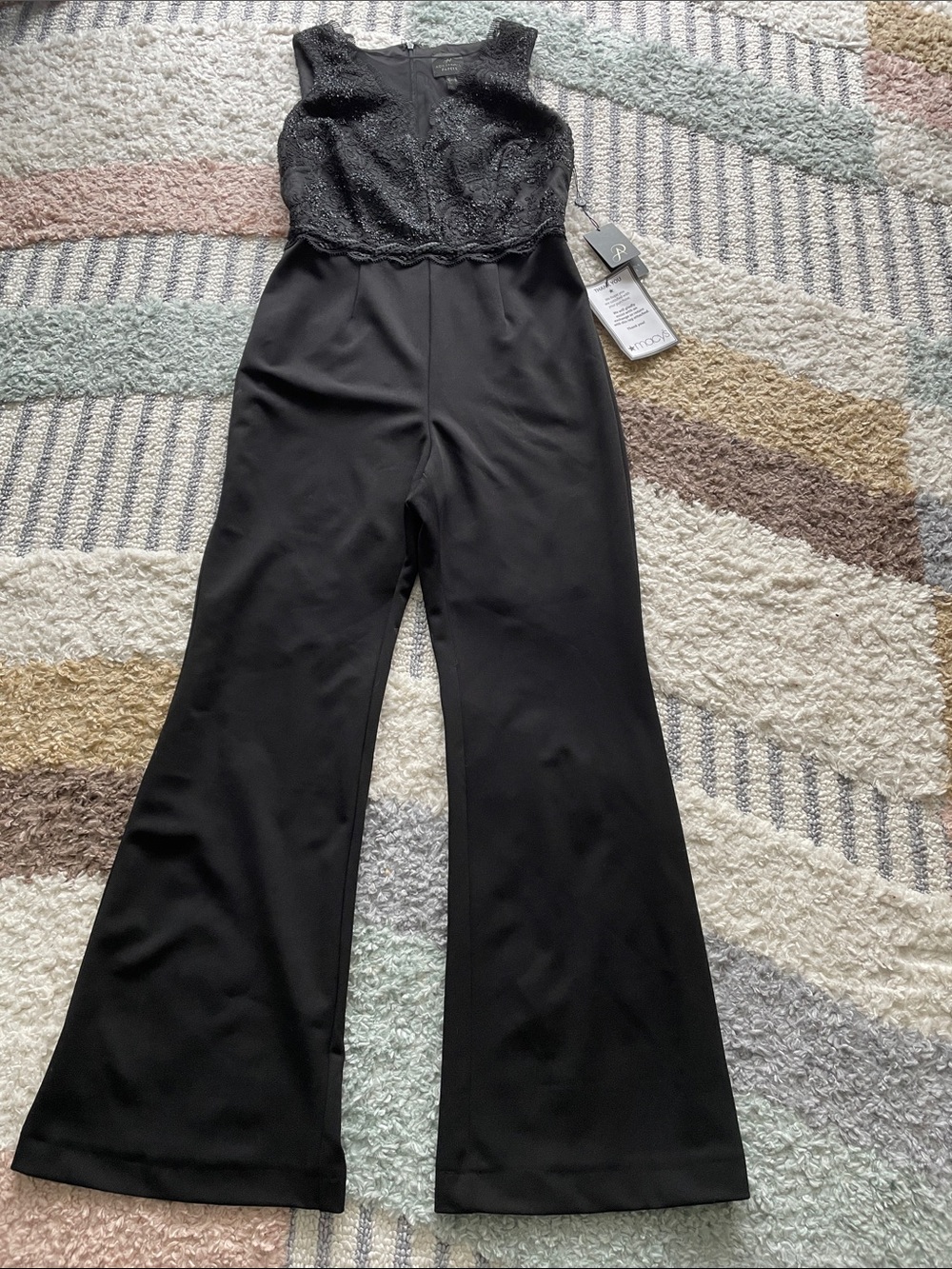 Adrianna Papell Black Lace Bodice Flare Jumpsuit